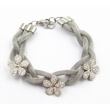 Silver Stainless Steel Bracelet with Zirconia Flower Charms